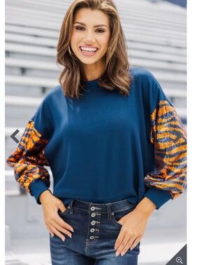 MARY SQUARE TIGER STRIPE MILLIE SWEATSHIRT Navy/Orange NWT